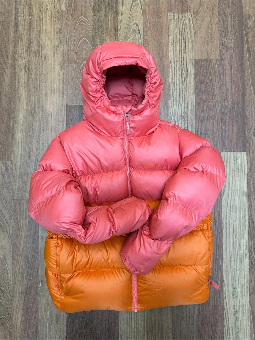 Marmot Two-Tone Kids Puffer Jacket in Coral and Orange